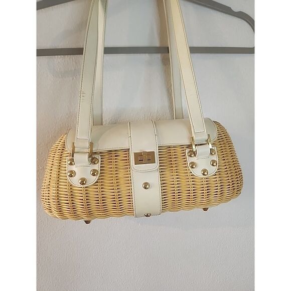 ETIENNE AIGNER Woven Wicker Basket Oblong Purse Handbag Leather Handles Straw - Picture 2 of 10